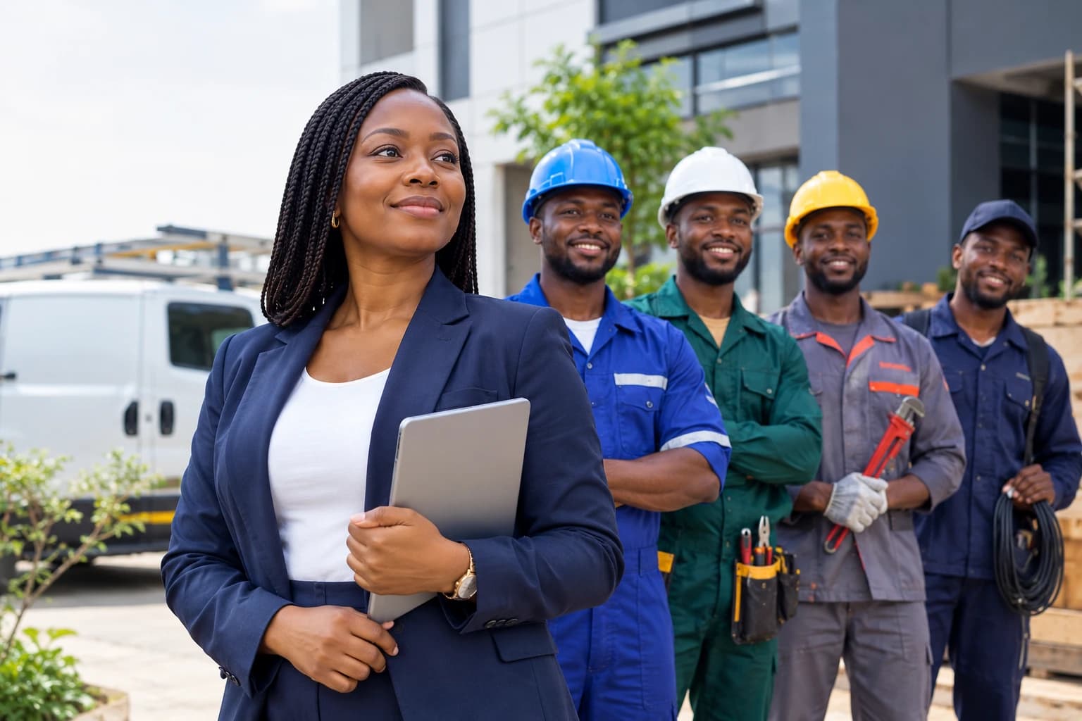 A business manager with a team of skilled artisans